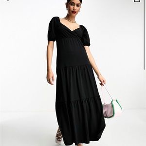 ASOS Black Wrap Tiered Midi Dress, Size 10